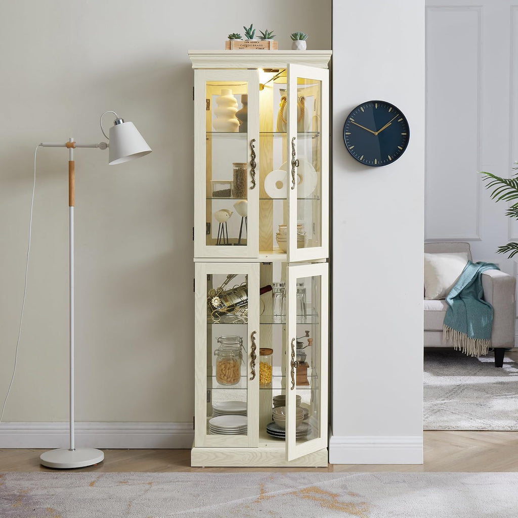 Ball & Cast Lighted Curio Cabinet,6-Tier Glass Display Cabinet with Adjustable Glass Shelves and Mirrored Back Panel for Living Room,Pantry Light Bulb Included,Antique White