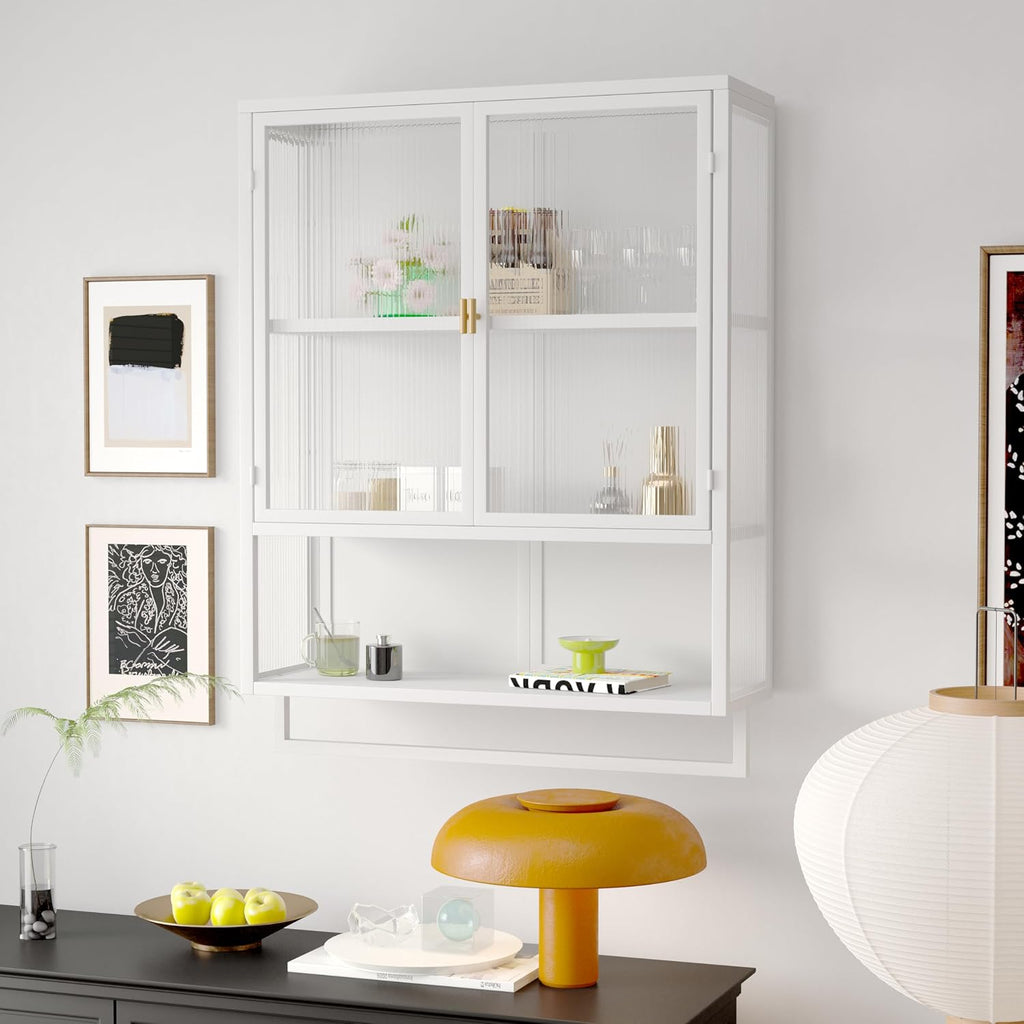 Retro Style Haze Double Glass Door Wall Cabinet with Detachable Shelves for Office, Dining Room,Living Room, Kitchen and Bathroom Mint White