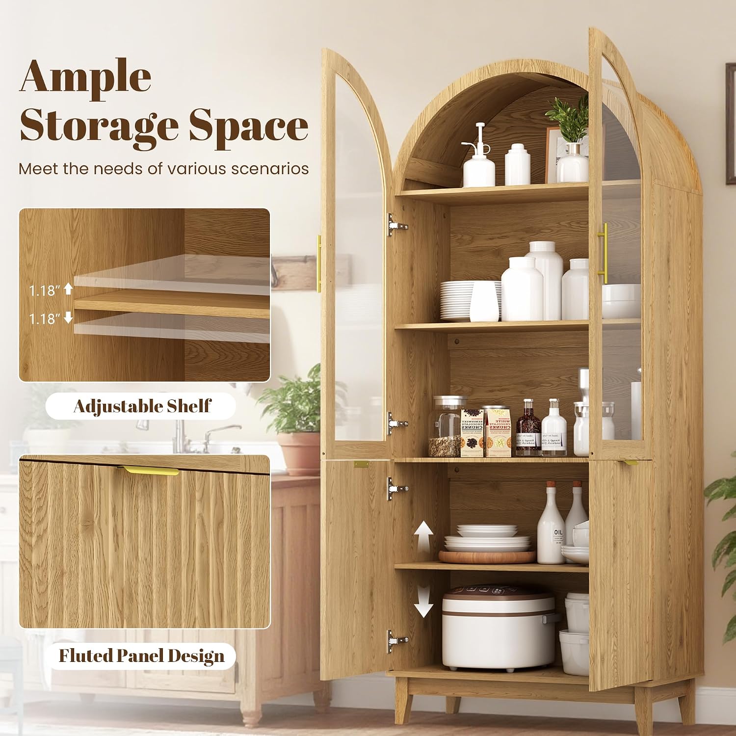 Pamapic 71' Tall Arched Cabinet, Fluted Kitchen Pantry with Glass Doors & Adjustable Shelves, Arch Storage Cabinet, Wooden Pantry for Dining Room, Living Room (Natural)