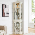 70'H Lighted Corner Display Cabinet, 5-Tier Wooden Curio Glass Cabinet with Adjustable Shelves, Carved Crown Corner Storage Display Case with Mirrored Back Pane for Living Room (Antique White)