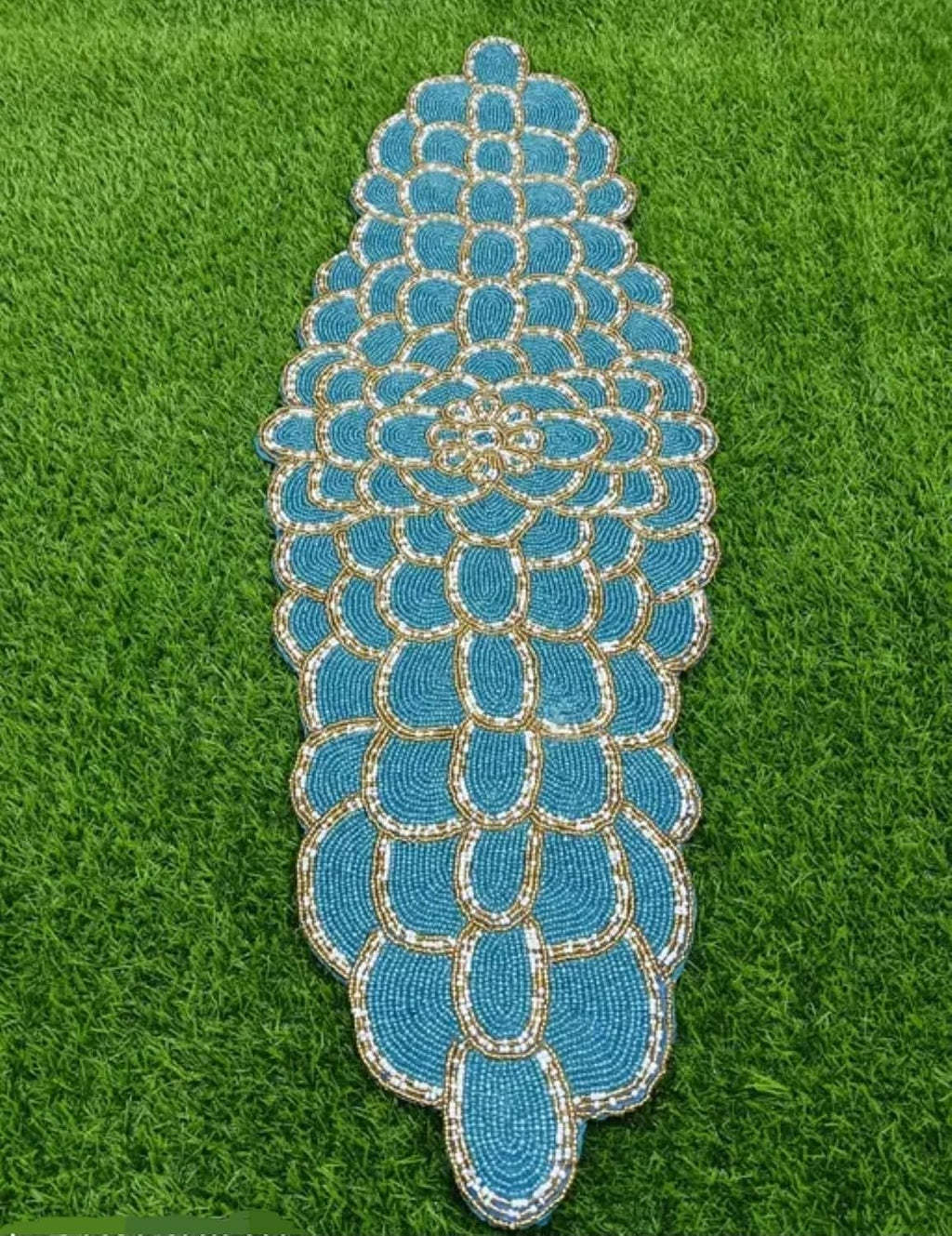 Beaded Table Runner, Turquoise Blue with Gold Trim, Scalloped Edge Design, Handcrafted Decorative Accent