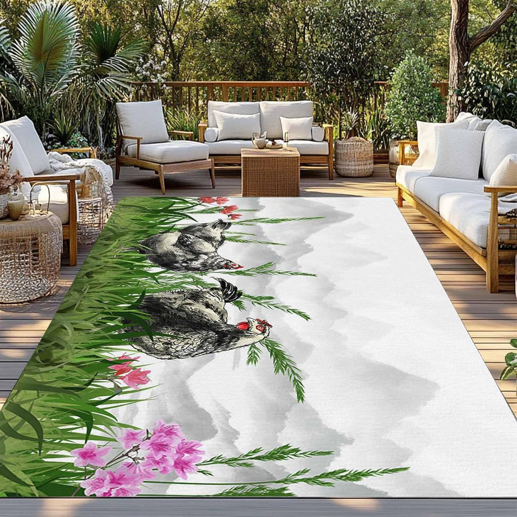 Outdoor Rug 4x6ft Nature Landscape Black Sketch Rooster Green Grass Patio Area Rugs Waterproof Easy Cleaning Non Shedding Thick Mats Mountain Carpet for Indoor Outdoor Porch Deck Backyard Balcony