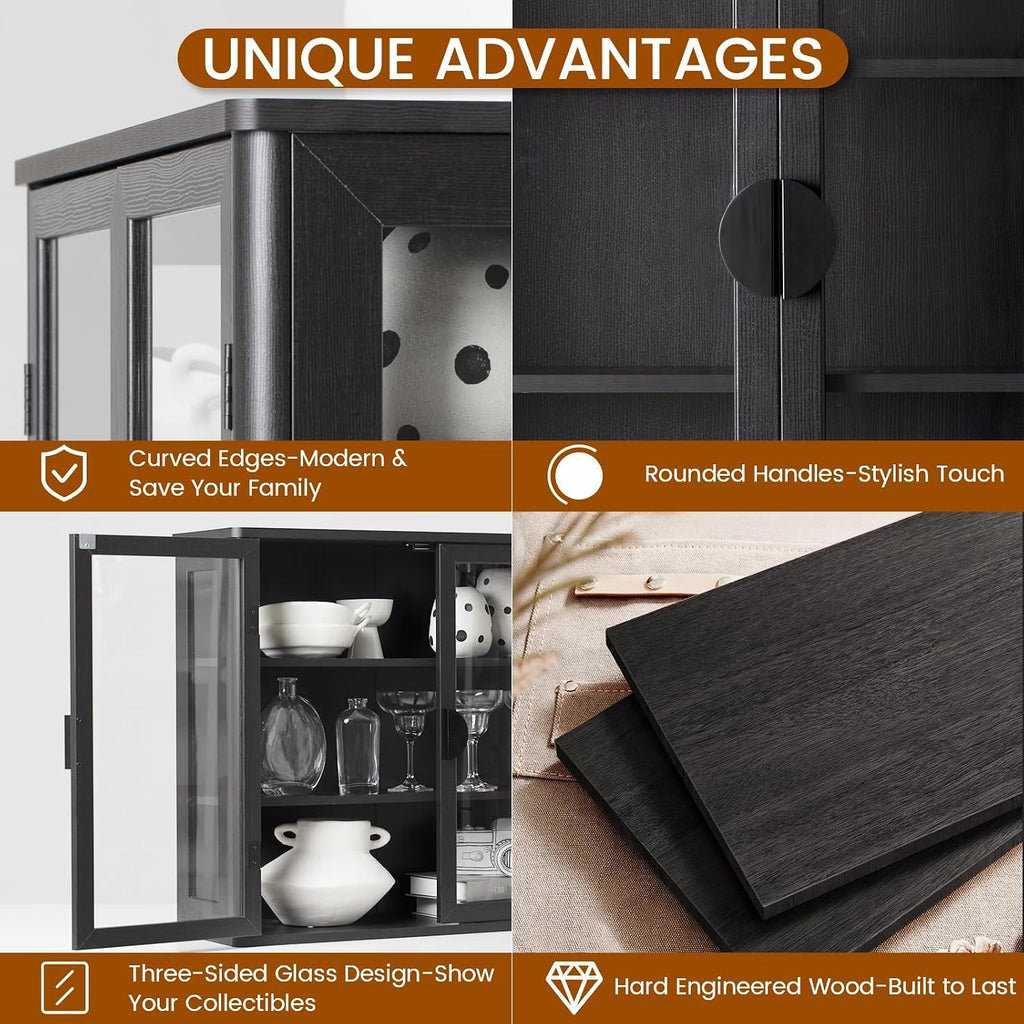 NEWOWNDS 56' Black Wall Storage Cabinets,Kitchen Wall Cabinets with Glass Doors,Over The Toilet Storage Cabinets with Tempered Glass, Upper cabinets for Launtry, Kitchen,Bathroom, 28 inch X 2PCS