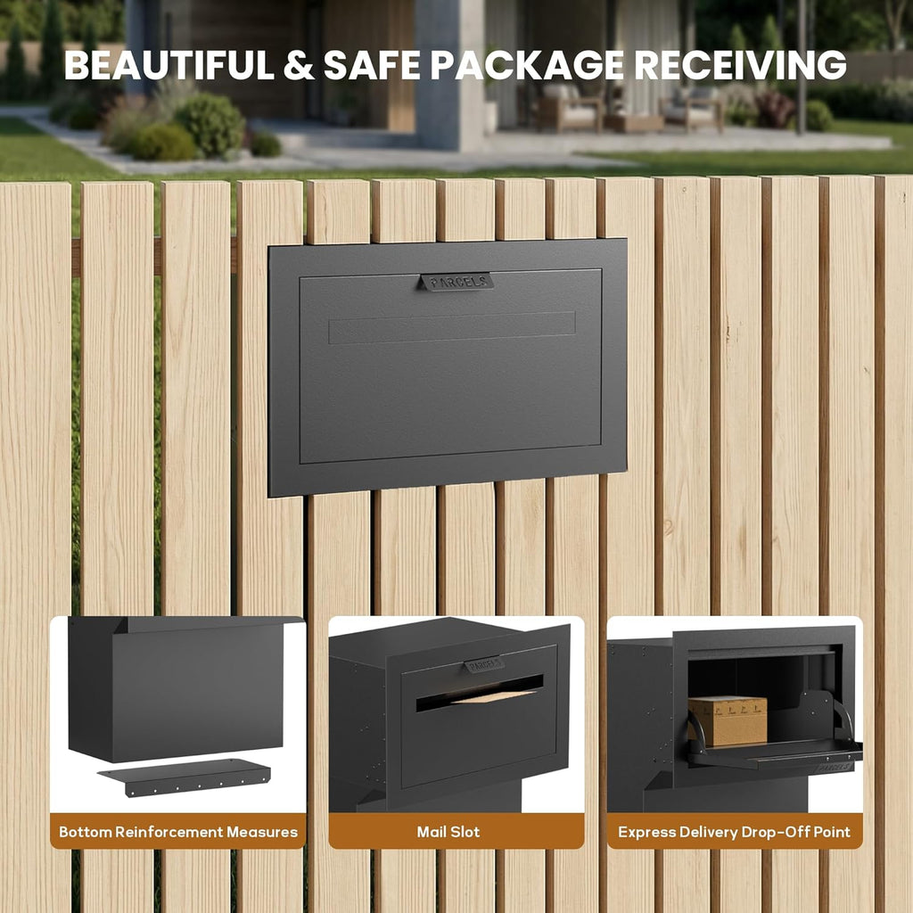 Large in-Fence Parcel Drop Box - Easy Assembly Through-the-Wall Package Delivery Box with Rear Access Door - Anti-Theft Locking Mailbox for Packages and Mail (Sleek Black Steel)