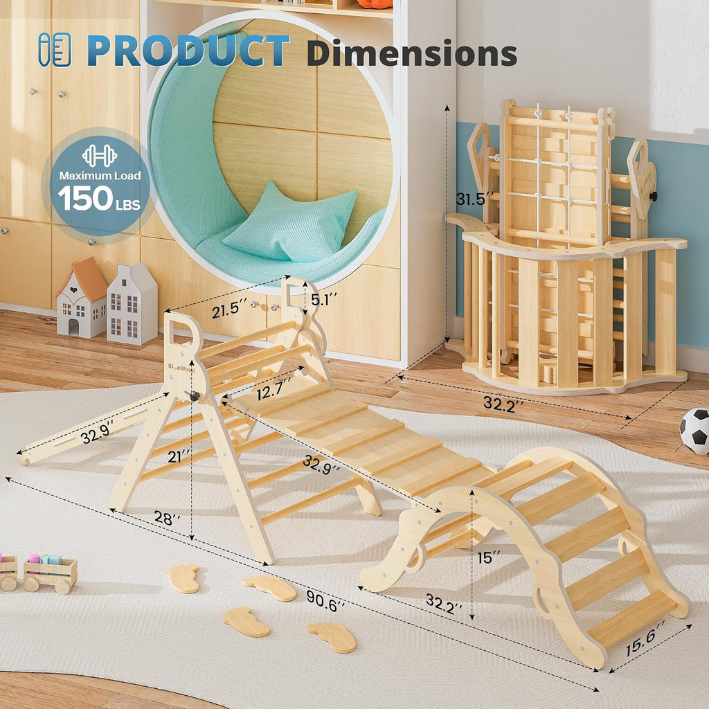 BlueWood 10-in-1 Pikler Triangle Set, Toddler Climbing Toys Indoor, Montessori Climber, Baby Jungle Gyms with Arch, Extra Rope Ladder & Footprint Balance Beam - Natural Rustic