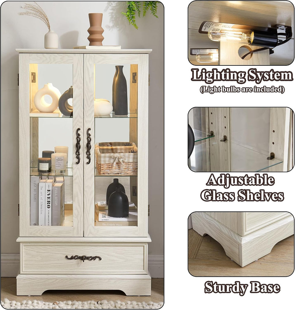 47' H Lighted Curio Cabinet Display Case, Glass Case with Adjustable Shelves,Tempered Glass Door and Drawer, Wooden Curio Cabinet with Mirrored Back Pane for Living Room (Antique White)