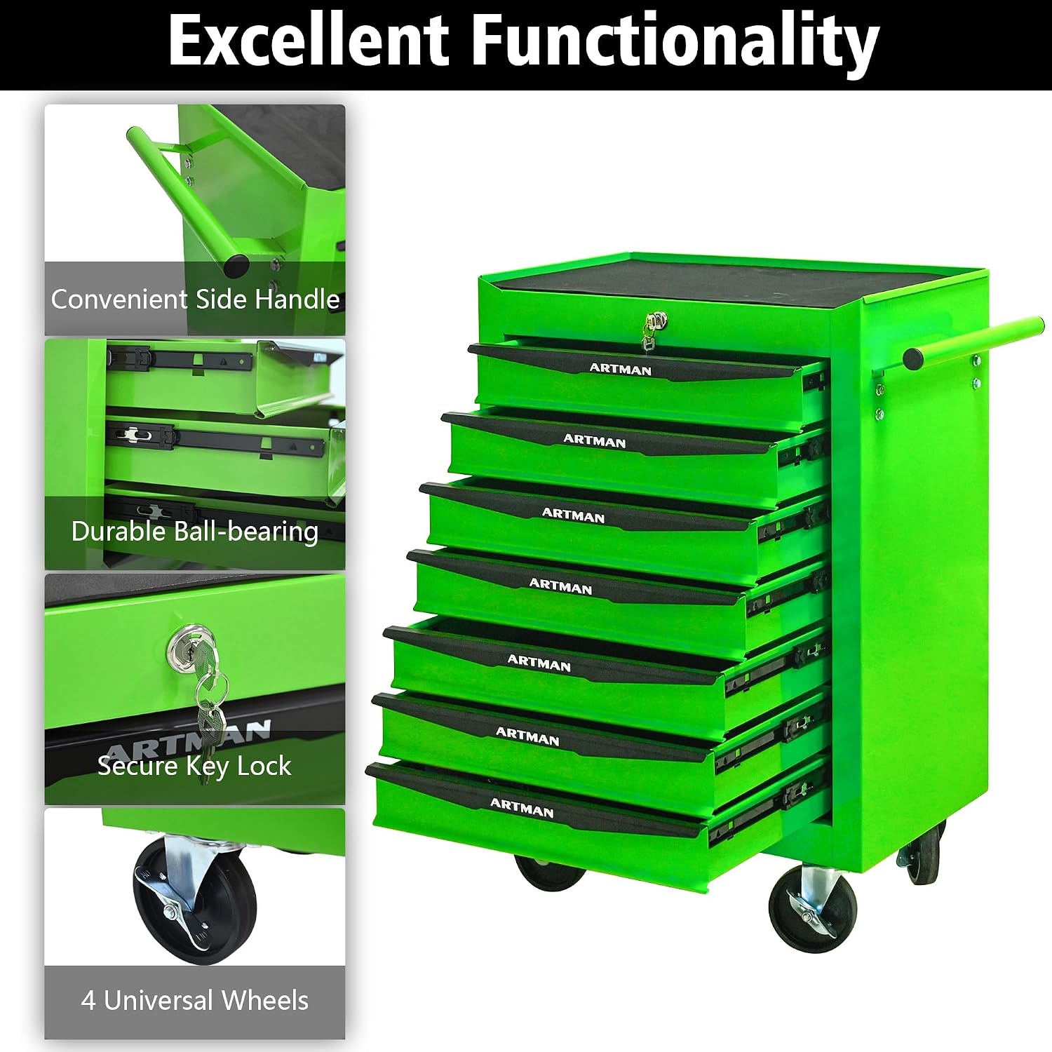 Rolling Metal Tool Chest with 7 Drawers – 20' Steel Tool Storage Box Organizer with Ball Bearing Slides & Lockable Mobile Cabinet on Wheels(Green)