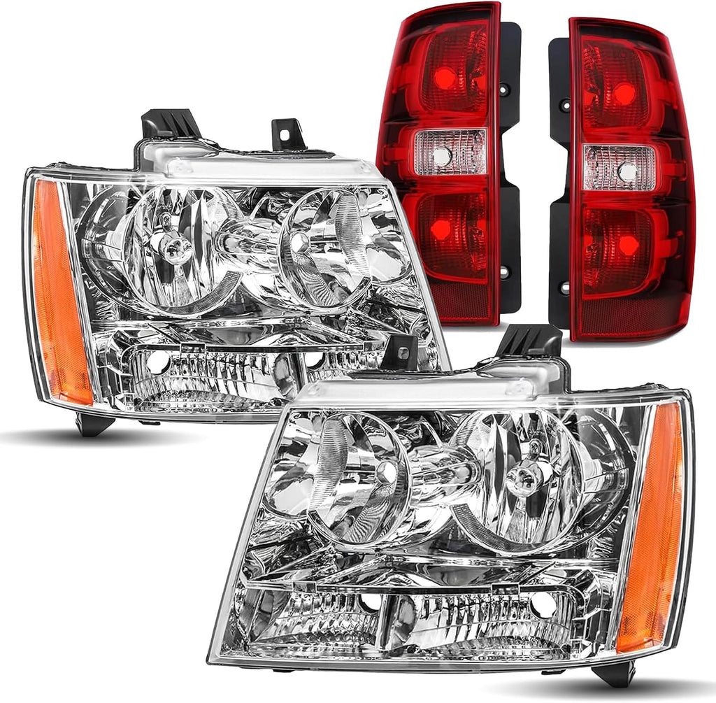 Headlights Tail Lights Assembly Kits Replacement for 2007-2014 Chevy Tahoe,07-13 Suburban, chrome Housing Headlights w/OE Style Taillights Rear Brake Lamp