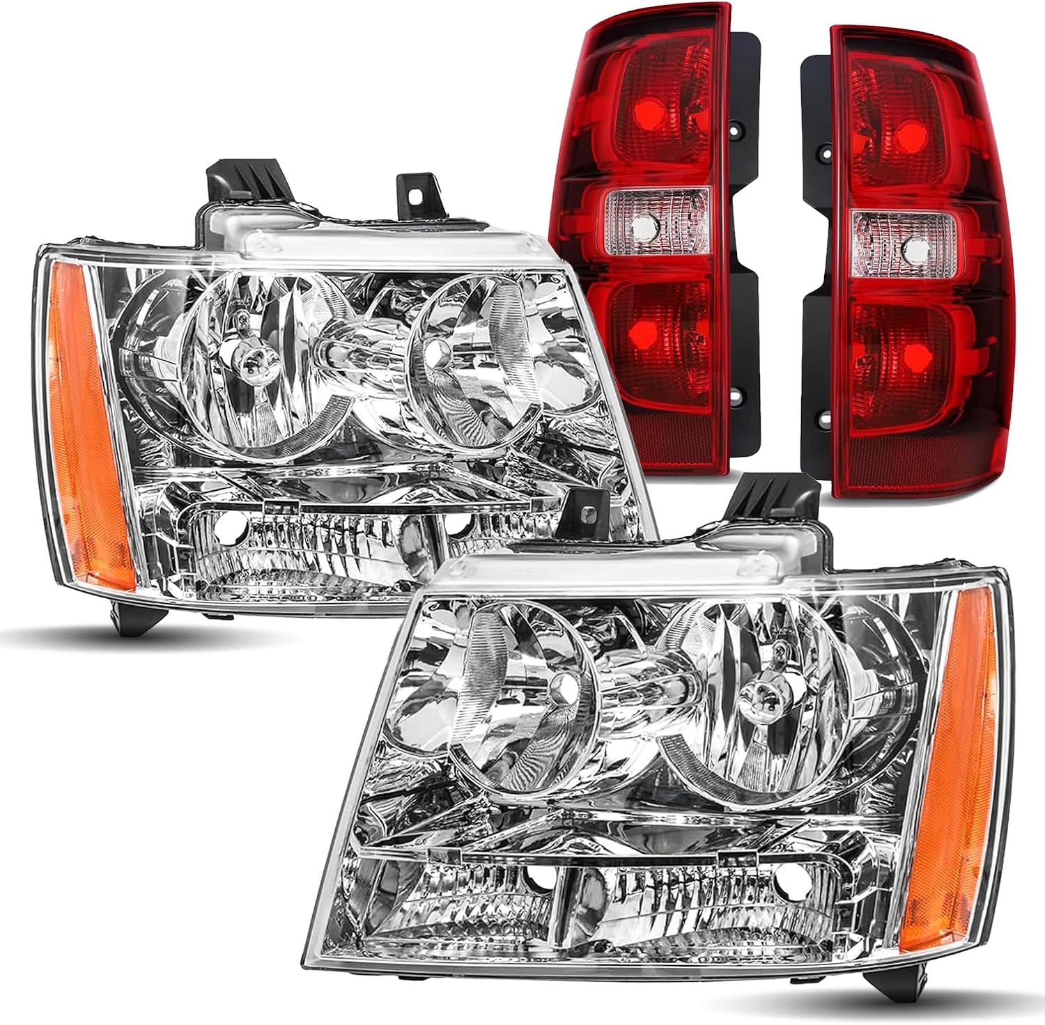 Headlights Tail Lights Assembly Kits Replacement for 2007-2014 Chevy Tahoe,07-13 Suburban, chrome Housing Headlights w/OE Style Taillights Rear Brake Lamp