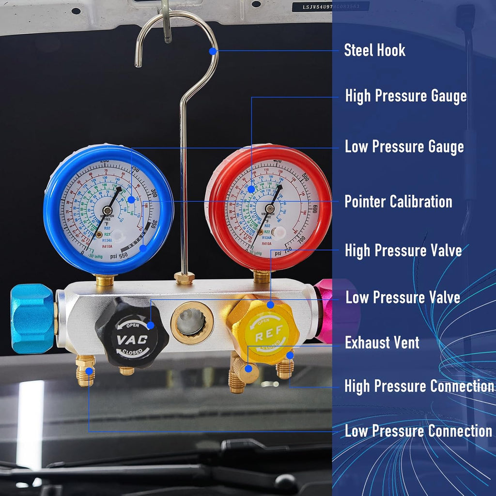 BACOENG R32 AC Vacuum Pump and Gauge Set, 5 CFM HVAC Vacuum Pump and 4-Way Manifold Gauge Kit for AUTO/Mini Split System, Sparkless Vacuum Pump for R32 R410a R134a R22 Refrigerants