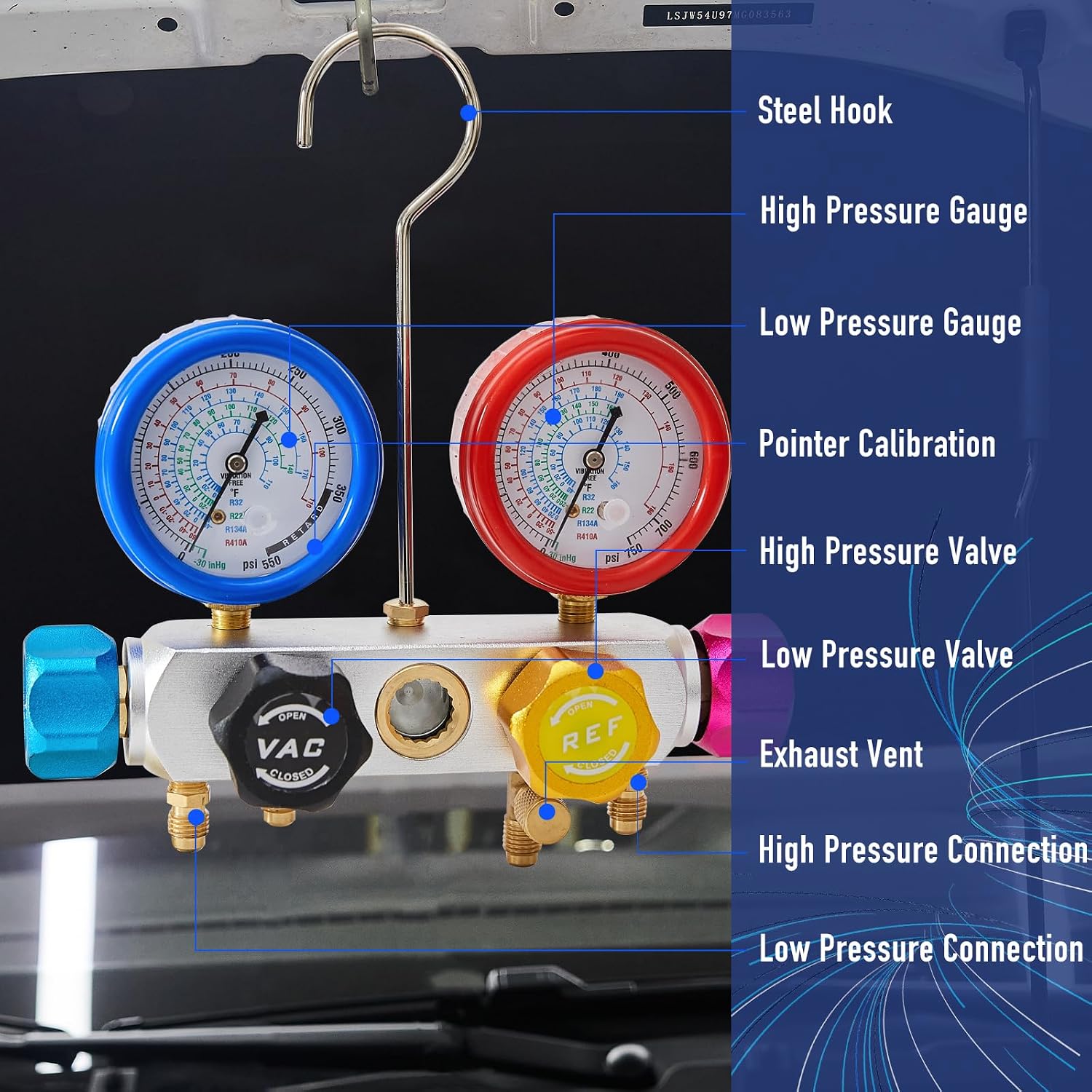 BACOENG R32 AC Vacuum Pump and Gauge Set, 5 CFM HVAC Vacuum Pump and 4-Way Manifold Gauge Kit for AUTO/Mini Split System, Sparkless Vacuum Pump for R32 R410a R134a R22 Refrigerants