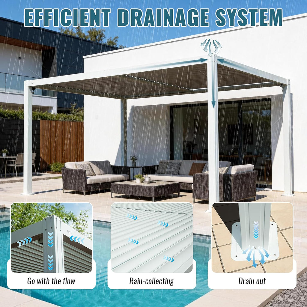 Domi 10x13FT Louvered Pergola Aluminum Structure Outdoor Pergola with Adjustable Roof Patio Pergola for Backyard Garden, White