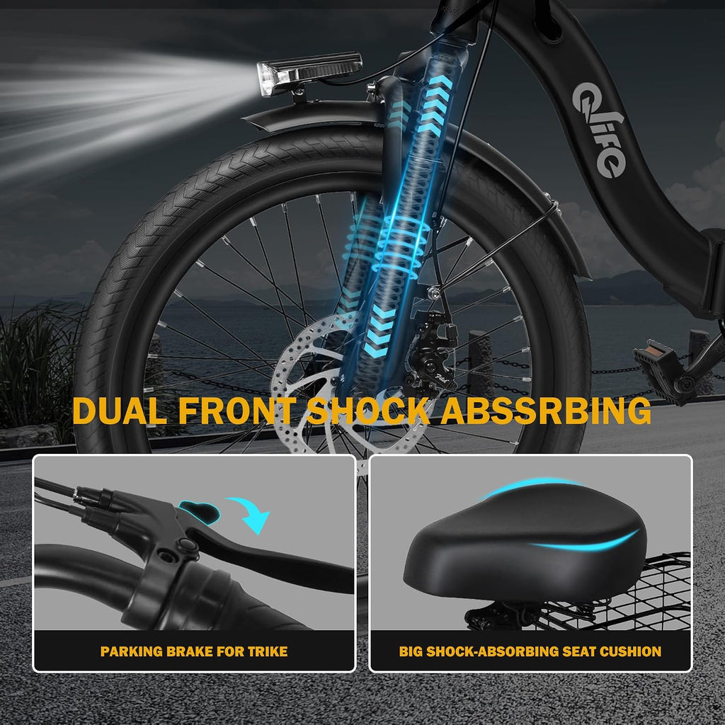 Qlife Triker Electric Bike, Peak 1200W Brushless Motor Folding Trike Ebike, 499Wh Removable Battery, Step-Thru 3 Wheel Electric Bicycle, Up to 55 Miles, 18 Tire Tricycle for Adults