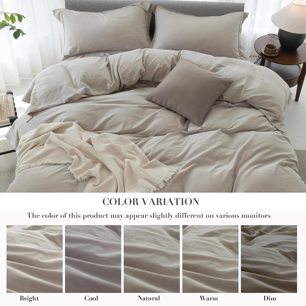 Cooling Duvet Cover Set 3 Pieces-100% Washed Cotton with Chic Wide Trim Design Linen Like Textured Ultra Soft Cozy Bedding with Zipper Closure(Hemmed Beige Grey,Oversized King 120'x98')