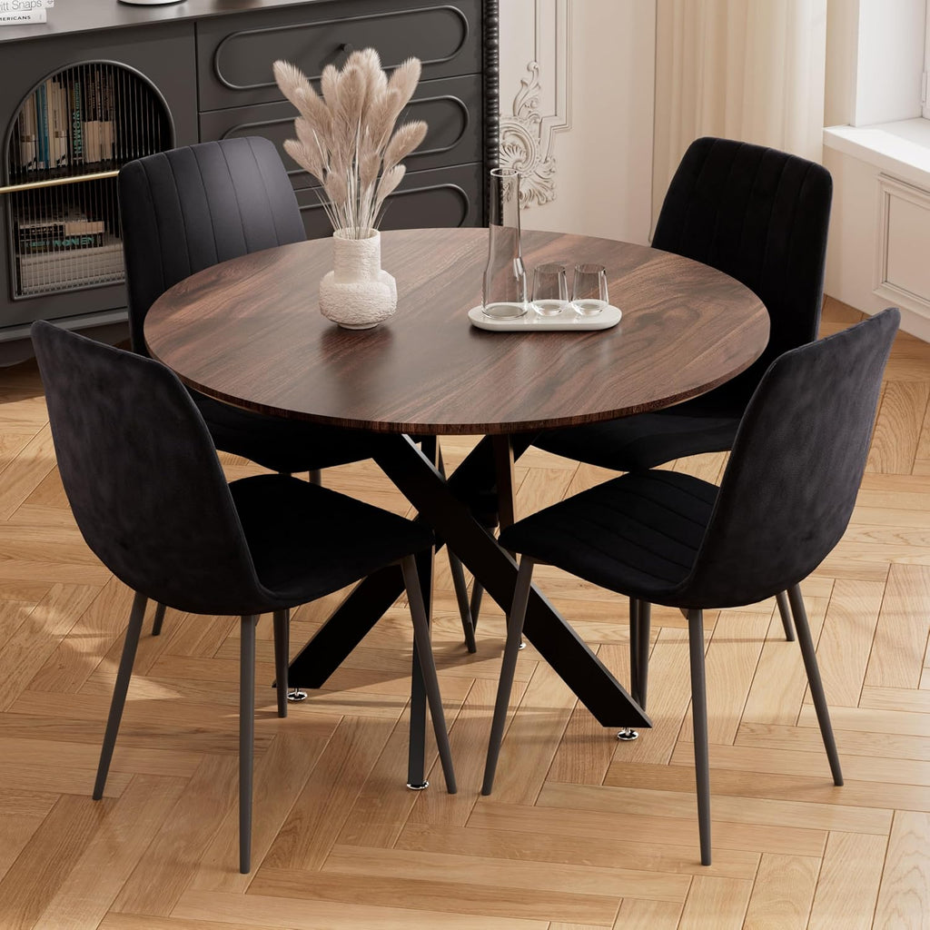 RGZ 36' Round Table Set for 4, 5 PCS Modern Wooden Circle Dining Table for 2-4, Walnut Round Dining Table with Steel Legs & 4 Black Velvet Upholstered Chairs for Dining Room, Living Room, Kitchen