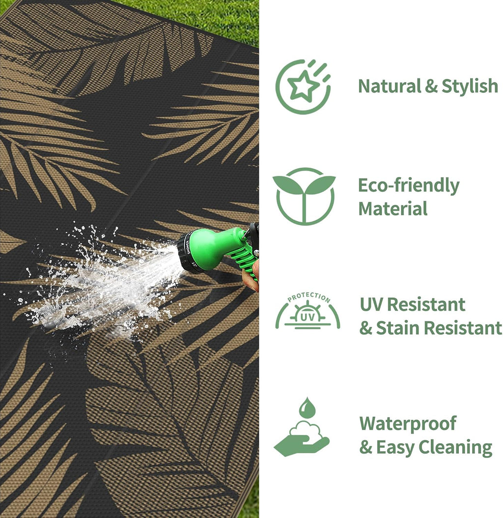 GENIMO Outdoor Rug 9' x 18' Waterproof for Patios Clearance, Reversible Outdoor Plastic Straw Camping Rug Carpet, Large Area Rugs Mats for RV, Camper, Deck, Balcony, Porch, Beach, Picnic, Black&Brown