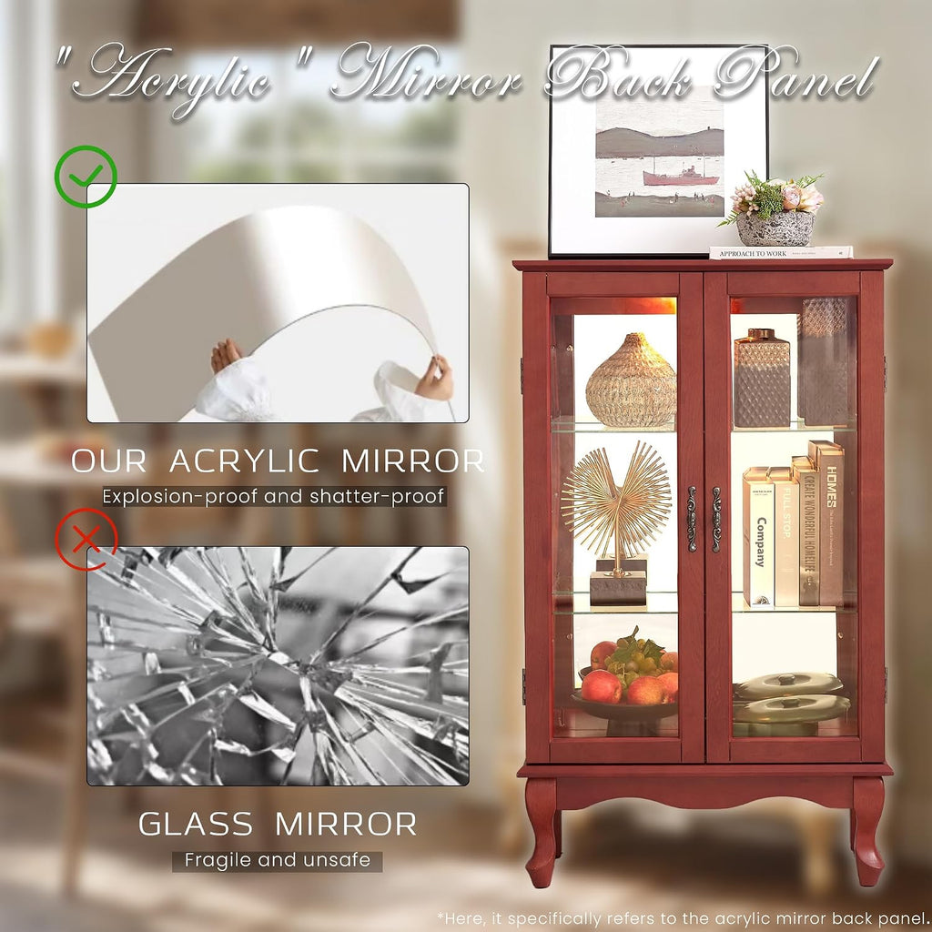 44' Small Lighted Glass Accent Curio Cabinet, Vintage China Cage with 2 Tempered Glass Doors & Adjustable Shelves, Acrylic Mirrored Pane, Elegant Wine Artwork Showcase Rack for Living Room (Cherry)