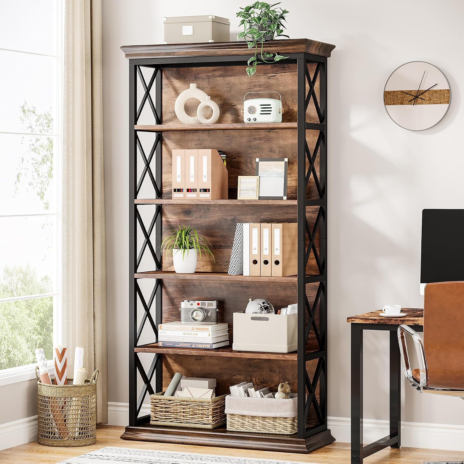 Tribesigns 6-Tier Bookcase Set of 2, 71 Inches Industrial Bookshelves and Bookcases, Floor Standing 5 Shelf Display Storage Shelves Tall Bookcase for Home Office, Living Room, Bed Room