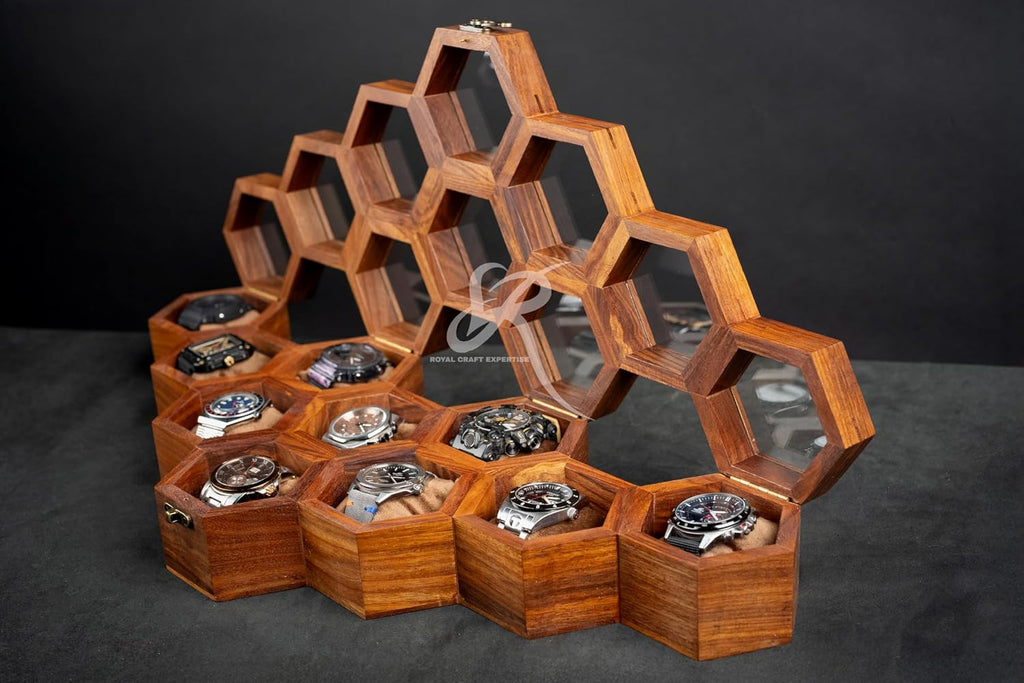 Wooden Watch Box Organizer for Men – 10 Slot Luxury Honeycomb Watch Case | Dark Rosewood Wood & Glass Display Box | Elegant Wooden Timepiece Display Case Boxes for Men – Best Gift for Him