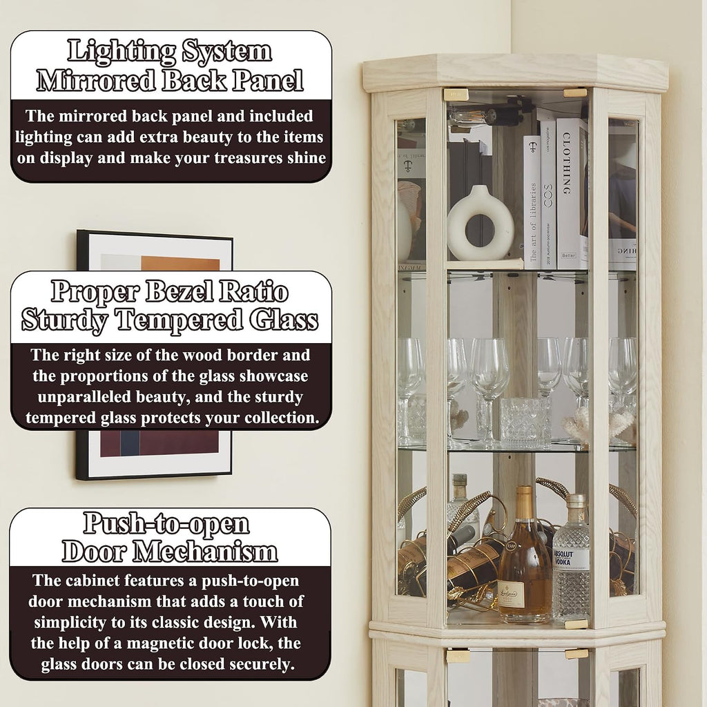 69' H Lighted Curio Cabinet Corner Display Case,Corner Glass Cabinet with Tempered Glass Door and Adjustable Shelves,Wooden Curio Case with Mirrored Back Pane (Style 2 - Antique White)