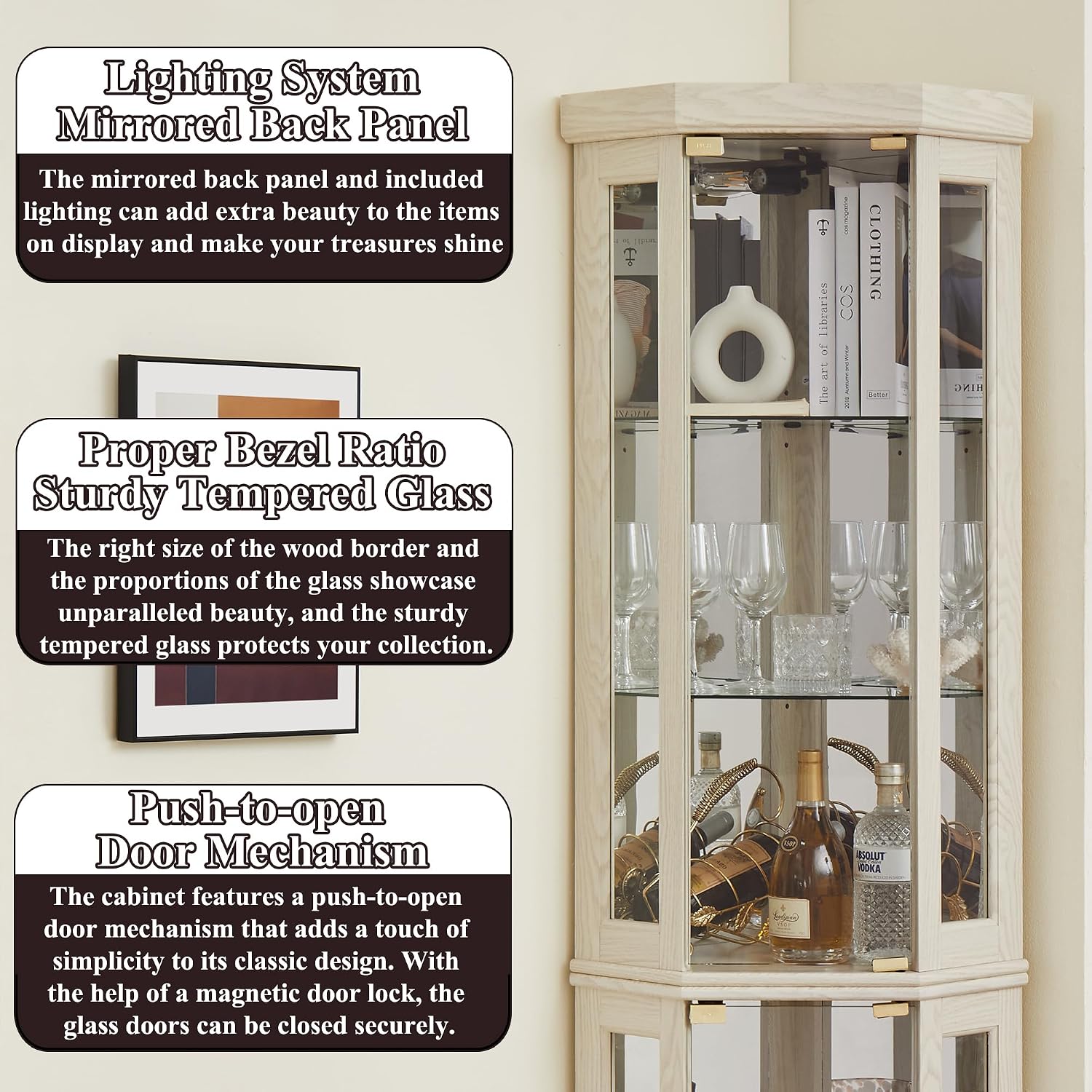69' H Lighted Curio Cabinet Corner Display Case,Corner Glass Cabinet with Tempered Glass Door and Adjustable Shelves,Wooden Curio Case with Mirrored Back Pane (Style 2 - Antique White)