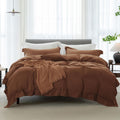 Cooling Duvet Cover Set 3 Pieces-100% Washed Cotton with Chic Wide Trim Design Linen Like Textured Ultra Soft Cozy Bedding with Zipper Closure(Hemmed Dark Orange,Oversized King 120'x98')