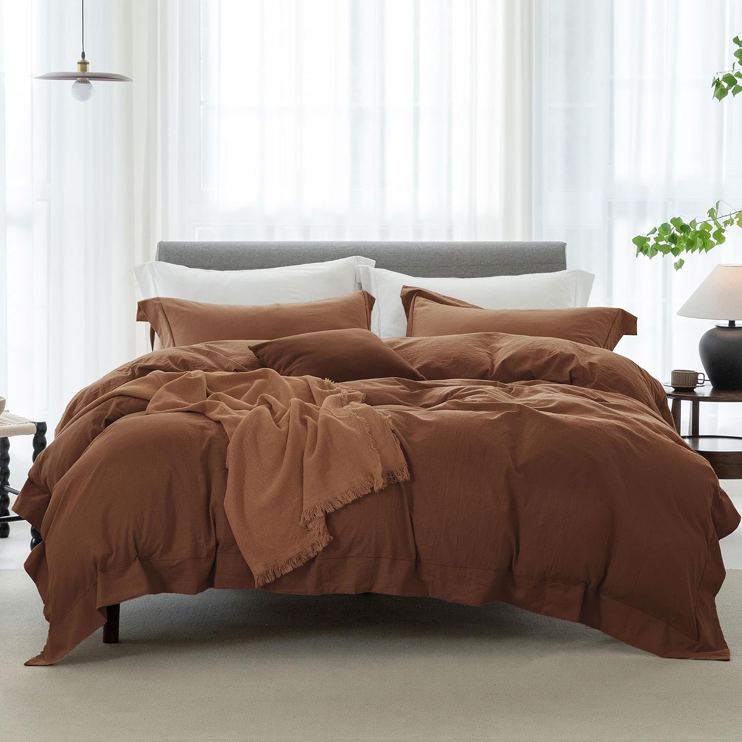 Cooling Duvet Cover Set 3 Pieces-100% Washed Cotton with Chic Wide Trim Design Linen Like Textured Ultra Soft Cozy Bedding with Zipper Closure(Hemmed Dark Orange,Oversized King 120'x98')