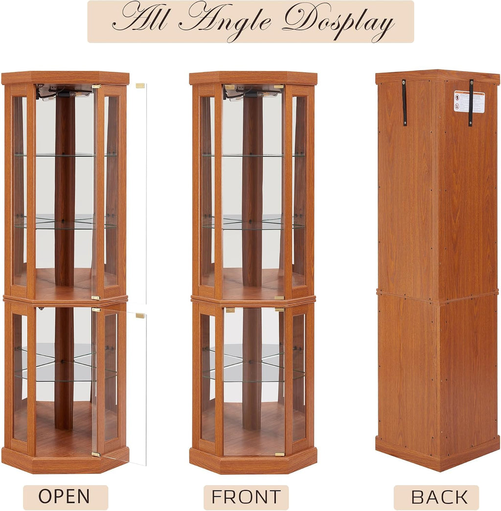 70' Lighted Corner Curio Cabinet, Wood China Display Case with Tempered Glass Doors & Adjustable Shelves, Light Bulb Included, Tall Wine Storage Rack for Bar and Liquor Storage (Dark Oak)