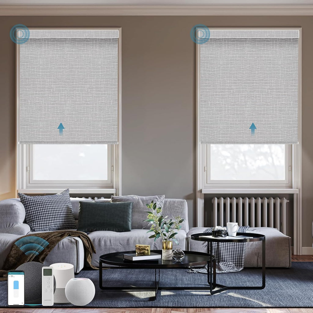 Motorized Roller Shade, 100% Blackout Smart Window Blinds Work with Homekit, Alexa, Google Home, Remote Control, Electric Blinds with USB/Solar Pannel Charging, Texture Smoke