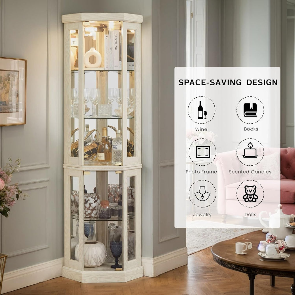 70' Lighted Corner Curio Cabinet, Curved Wood China Display Case with Tempered Glass Doors & Adjustable Shelves, Light Bulb Included, Tall Wine Storage Rack for Bar and Liquor Storage (White)