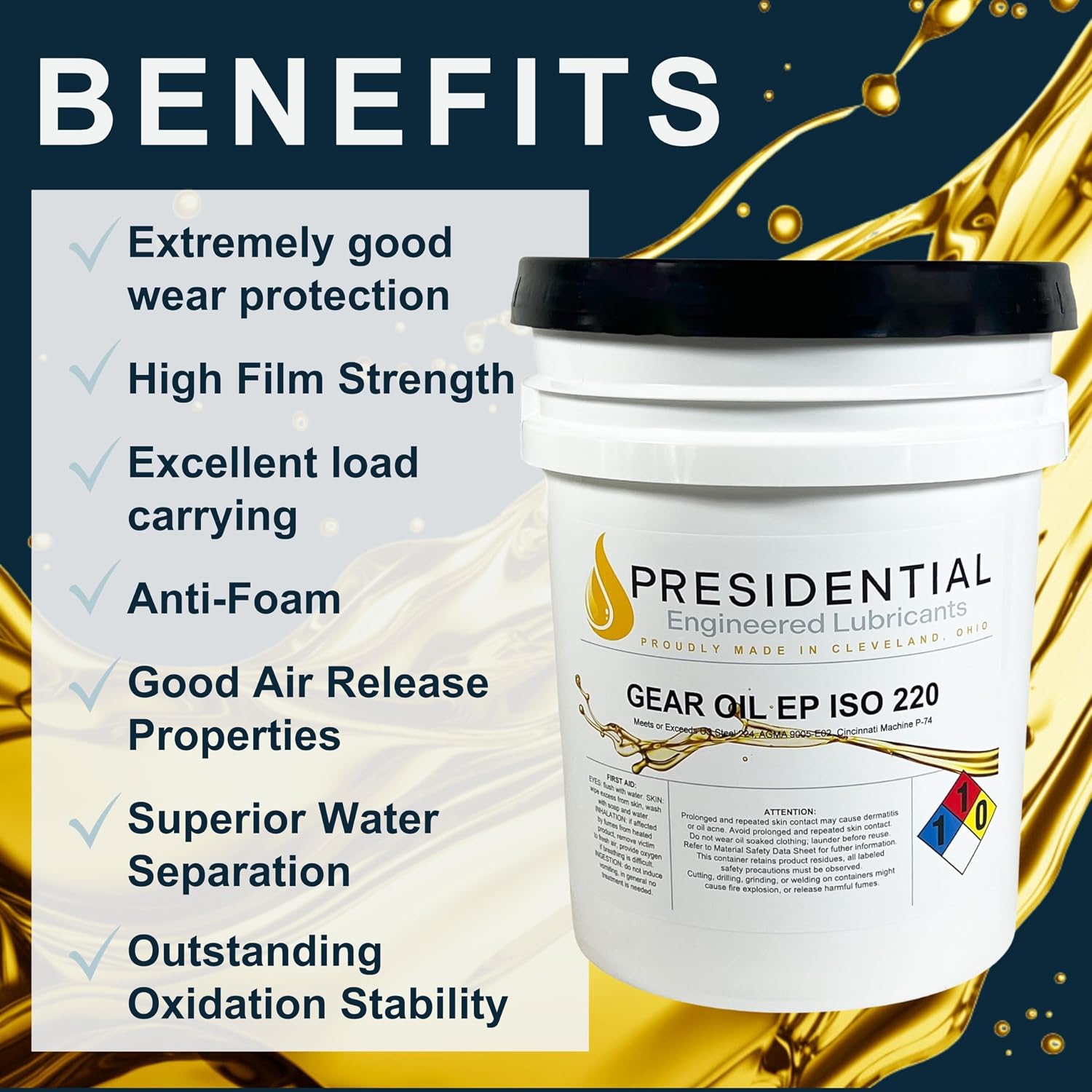 Presidential Gear Oil EP ISO 220 - Industrial Lubricants and Premium Oils & Fluids for Extreme Pressure Manufacturing - Anti-Foam, High Film Strength - Made in USA (5 Gallon Pail)