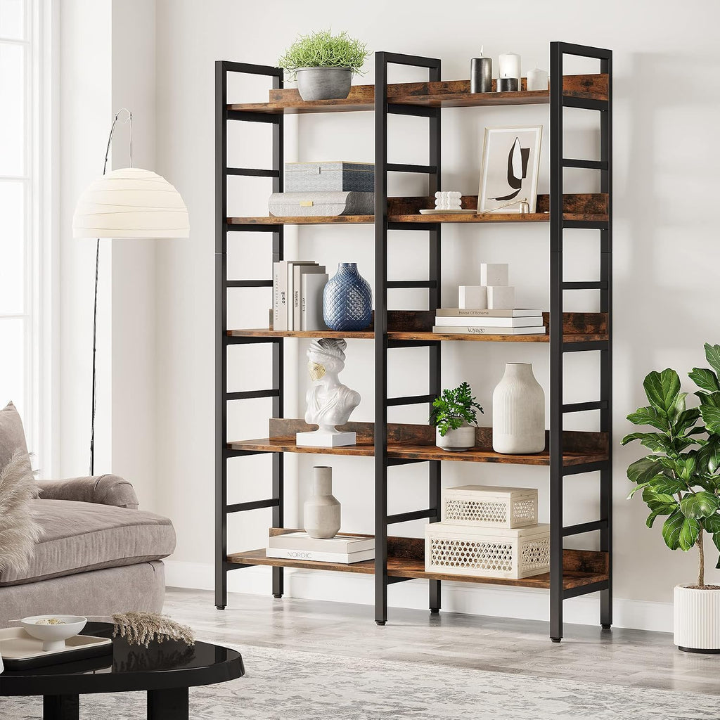 Tribesigns 5-Tier Industrial Bookshelf, 71'H x 47'W Etagere Bookcase, Freestanding Double Wide Book Shelf for Storage and Display, Wood and Metal Bookshelves for Living Room Home Office, Rustic Brown