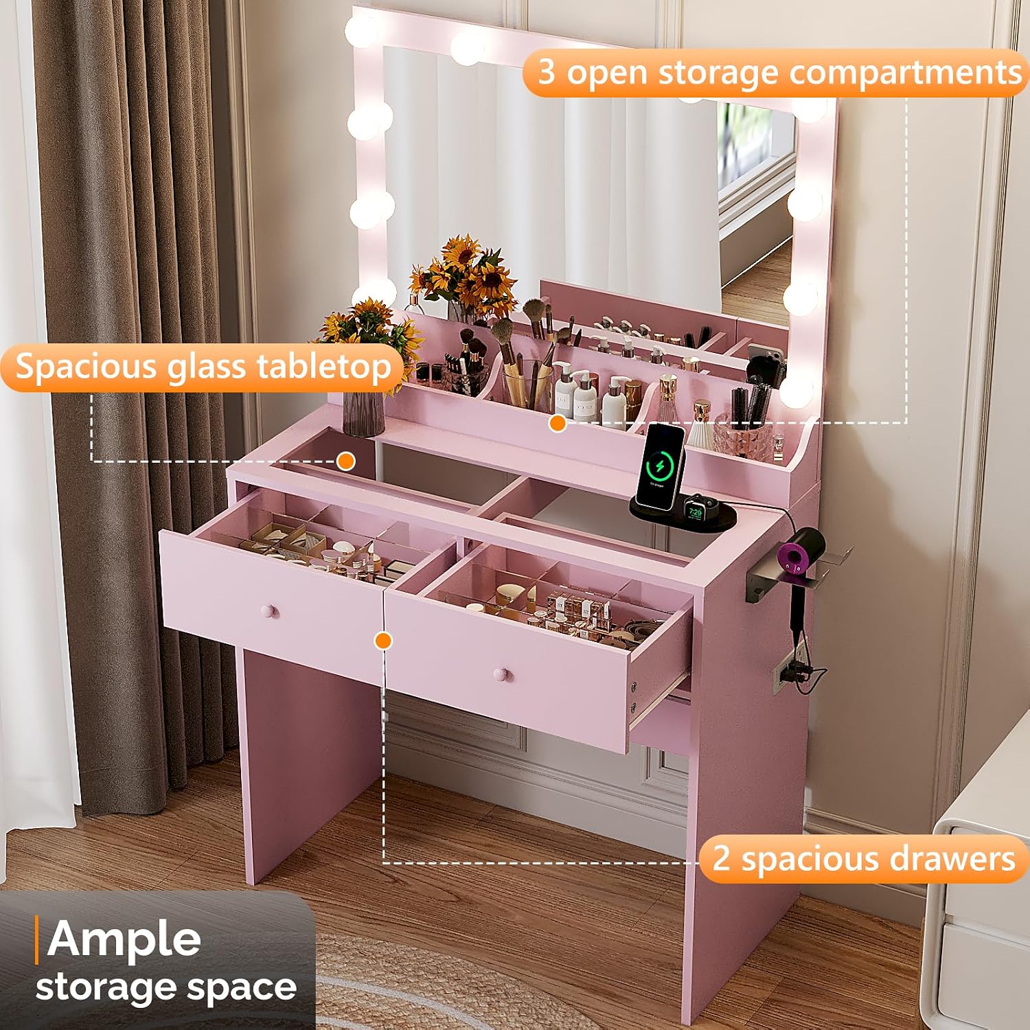 VINGLI Vanity Desk with Mirror and Adjustable Lights, Glass Top Makeup Vanity Table Built-in Power Outlets & Hairdryer Holder, Small Pink Dressing Table w/Hollywood Bulbs, Gifts for Girls, 31.5in