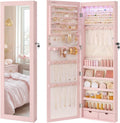 SONGMICS 6 LEDs Mirror Jewelry Cabinet, 47.2-Inch Tall Lockable Wall or Door Mounted Jewelry Armoire Organizer with Mirror, 2 Drawers, 3.9 x 14.6 x 47.2 Inches, Jelly Pink UJJC093SA02S