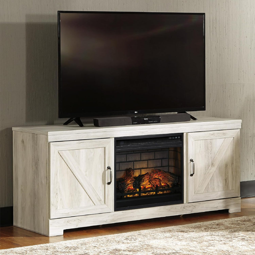 Signature Design by Ashley Bellaby Farmhouse 63' TV Stand with Electric Fireplace for TVs up to 72', Whitewash