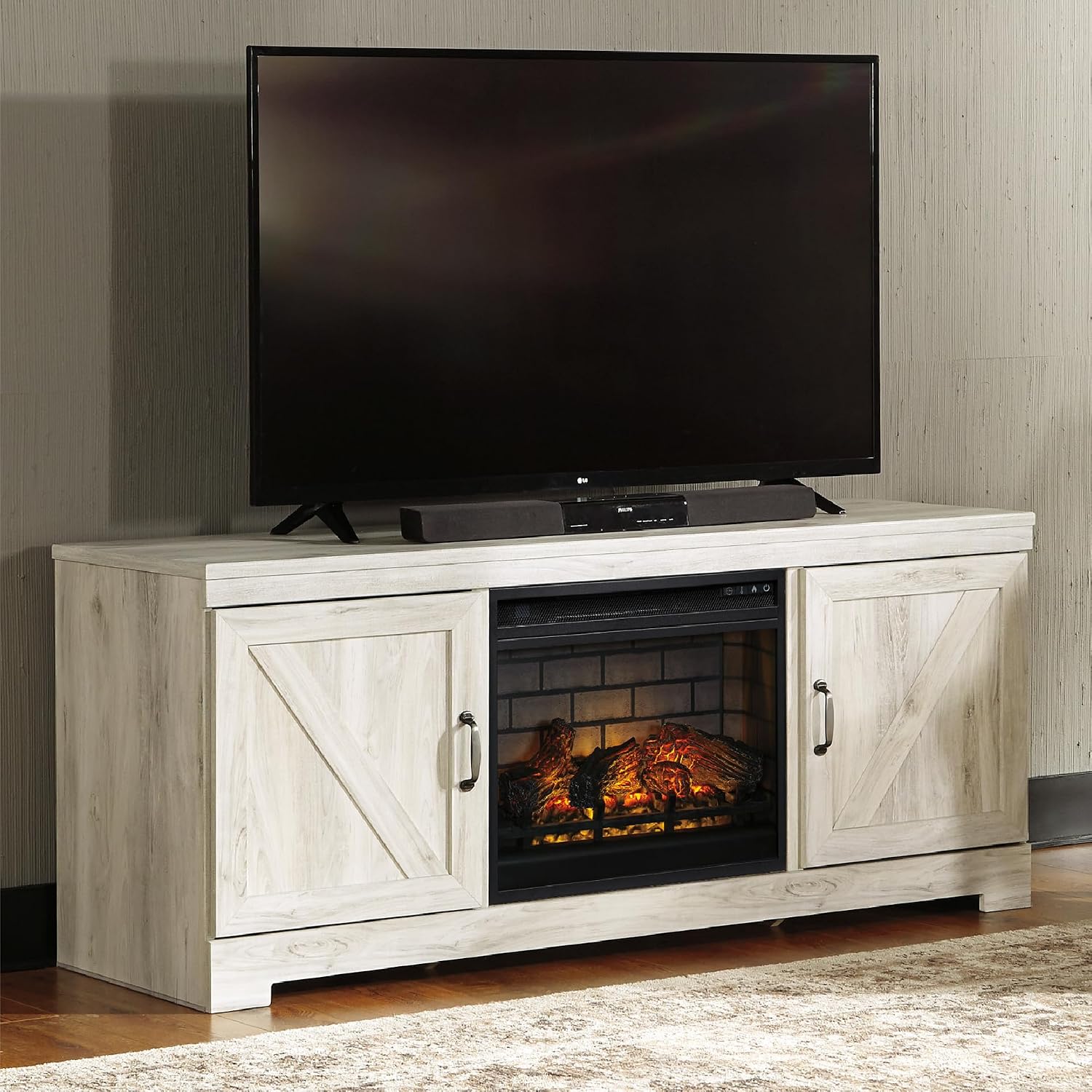 Signature Design by Ashley Bellaby Farmhouse 63' TV Stand with Electric Fireplace for TVs up to 72', Whitewash