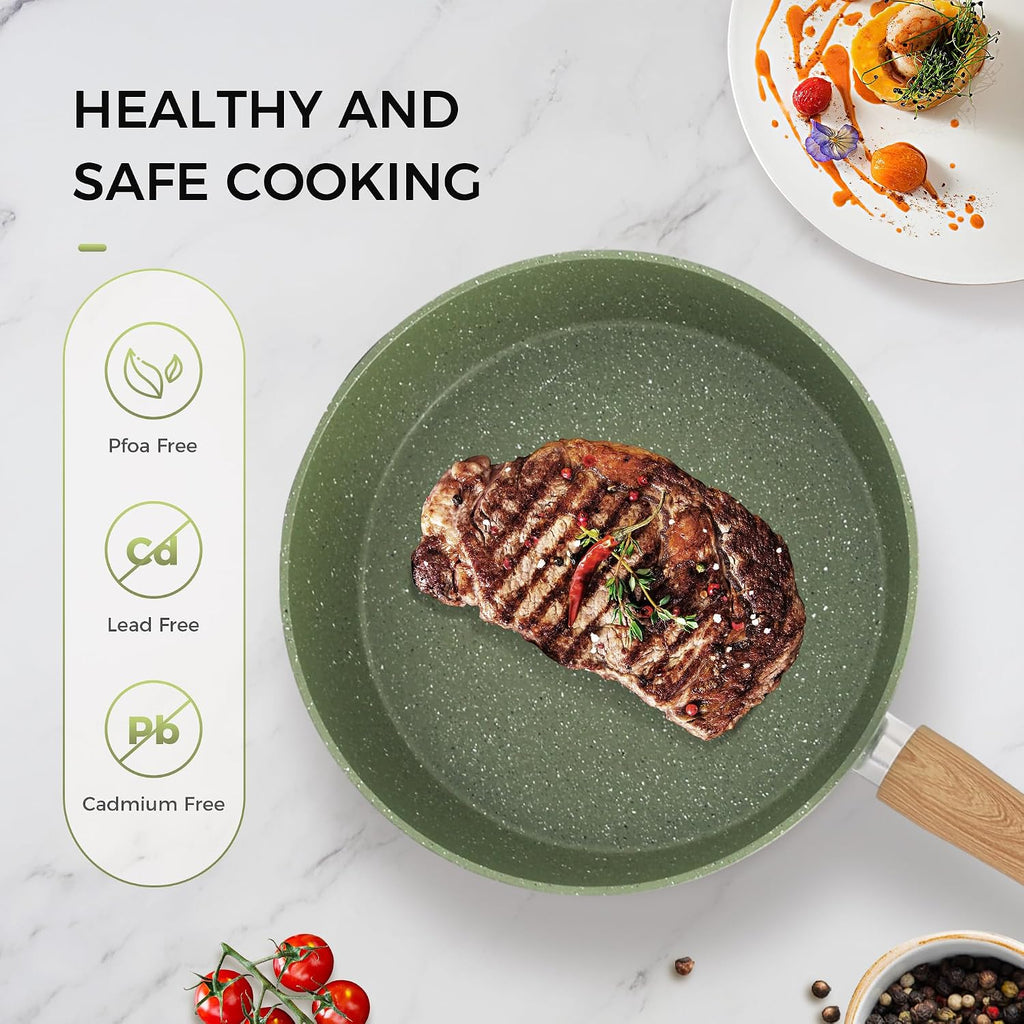 MAISON ARTS 17 Piece Green Pots and Pans Set Non Stick Granite, Non Toxic Induction Kitchen Cookware Sets, Pan and Pot Sets for Cooking Nonstick