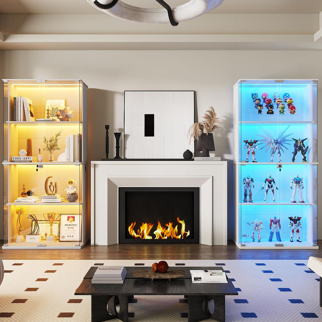 HNEBC White Display Cabinet with Glass Door,Lighted 4-Tier Curio Cabinet with3 Color Lights for Collectibles Bookcases,66' Display Case with Human Body Sensor for Living Room/Game Room