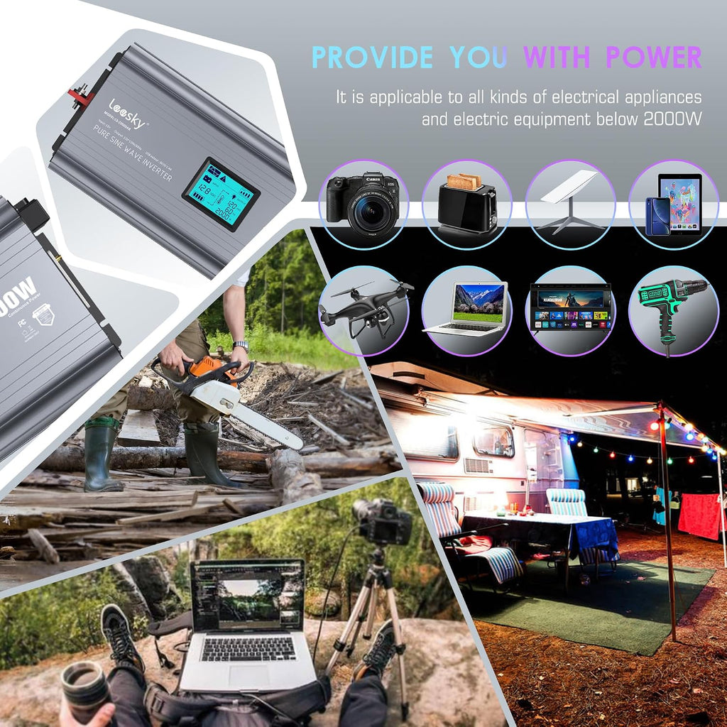 2000 Watt Pure Sine Wave Inverter 12V DC to 110V 120V AC Built-in UL Fuses FCC Approved with 20A UL Approved GFCI Outlets and 15FT Remote Control for Car Home RVs Truck Off-Grid Solar Power LEESKY