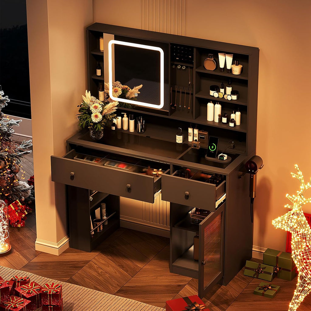 VINGLI Vanity Desk with Sliding Mirror and Lights, Glass Top Makeup Vanity Table w/Glass Cabinets w/Hidden Jewelry Storage & Power Outlets & Hairdryer Holder, 43in Black Dressing Table Gifts