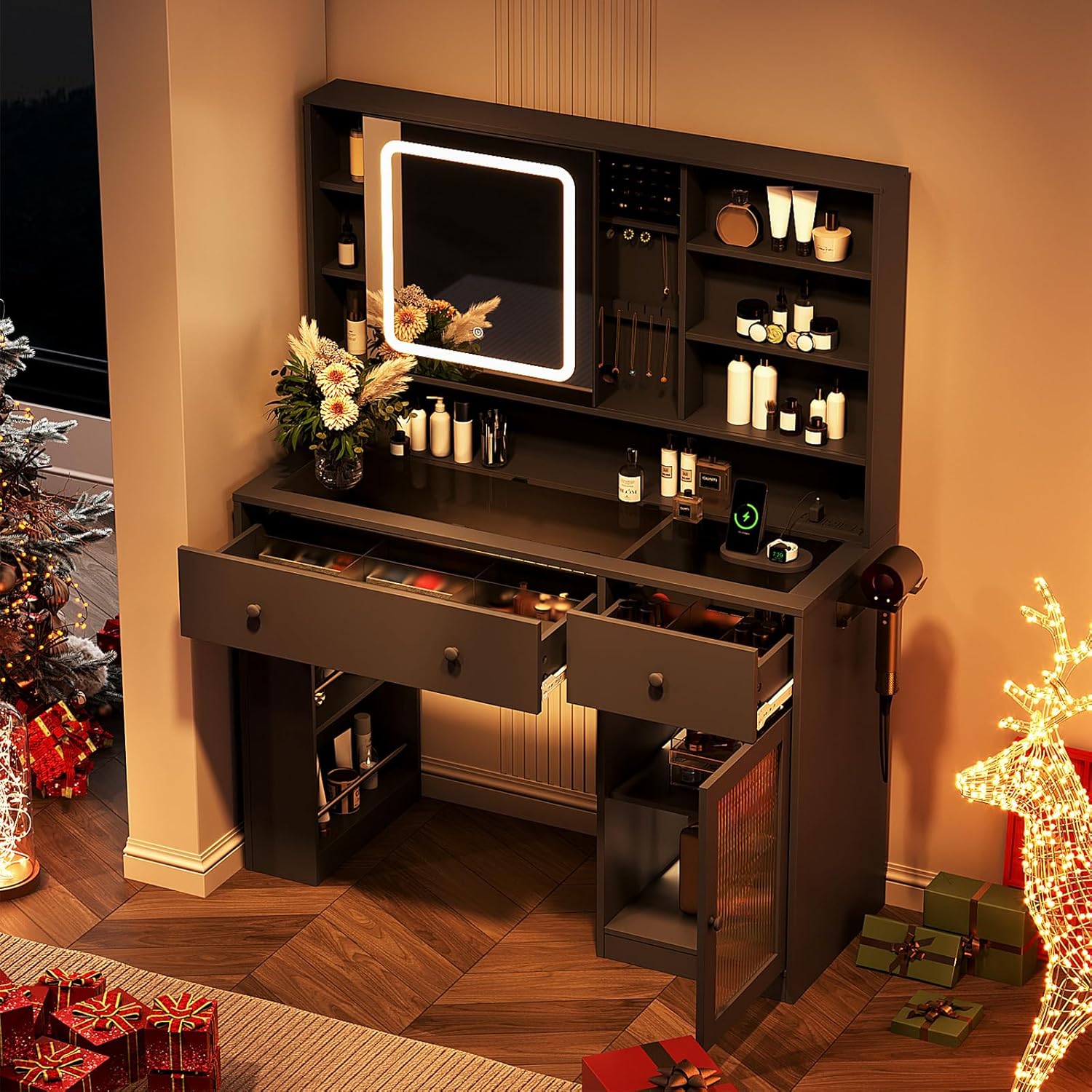 VINGLI Vanity Desk with Sliding Mirror and Lights, Glass Top Makeup Vanity Table w/Glass Cabinets w/Hidden Jewelry Storage & Power Outlets & Hairdryer Holder, 43in Black Dressing Table Gifts