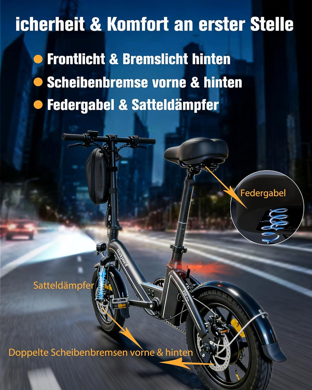 Bodywel 14' Folding Electric Bike for Adults & Teens, 750W Peak Motor, 36V Battery, 20 MPH, Long Range Commuter Ebike with 15° Hill Assist, Compact & Portable