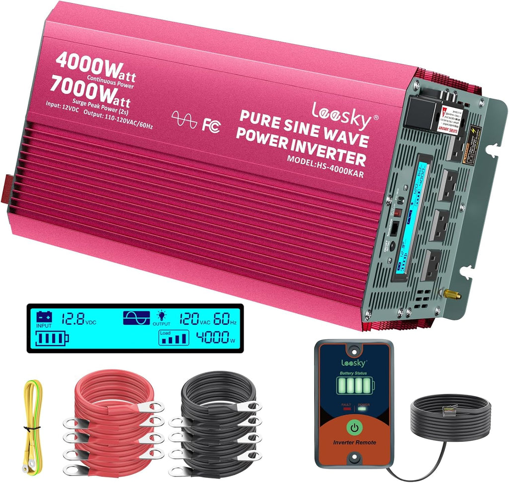 4000 Watt Pure Sine Wave Inverter 12V DC to 110V 120V AC Surge Peak 7000 Watt for 2s Compatible with Lithium Battery, for Home RV Car Off-Grid Solar System Truck Vehicle LEESKY