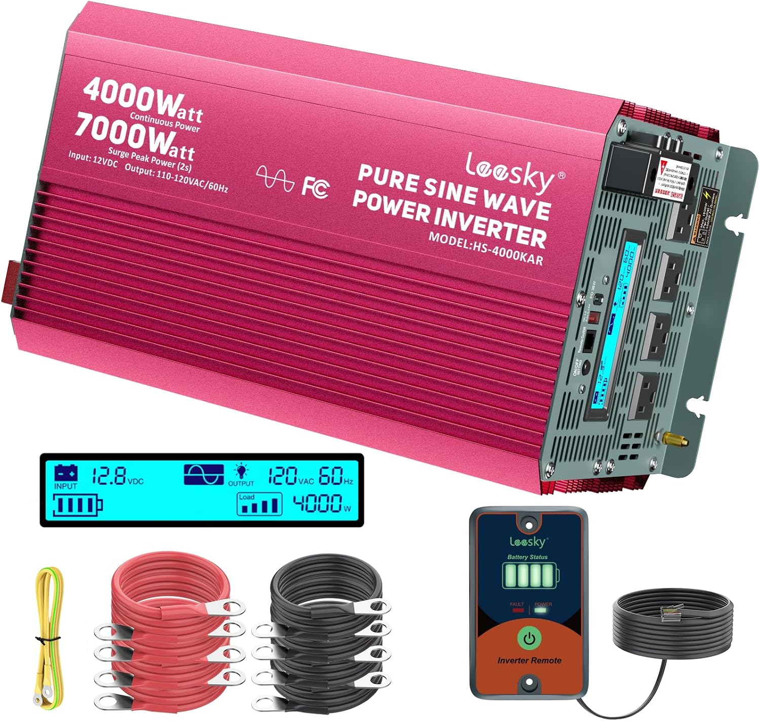 4000 Watt Pure Sine Wave Inverter 12V DC to 110V 120V AC Surge Peak 7000 Watt for 2s Compatible with Lithium Battery, for Home RV Car Off-Grid Solar System Truck Vehicle LEESKY