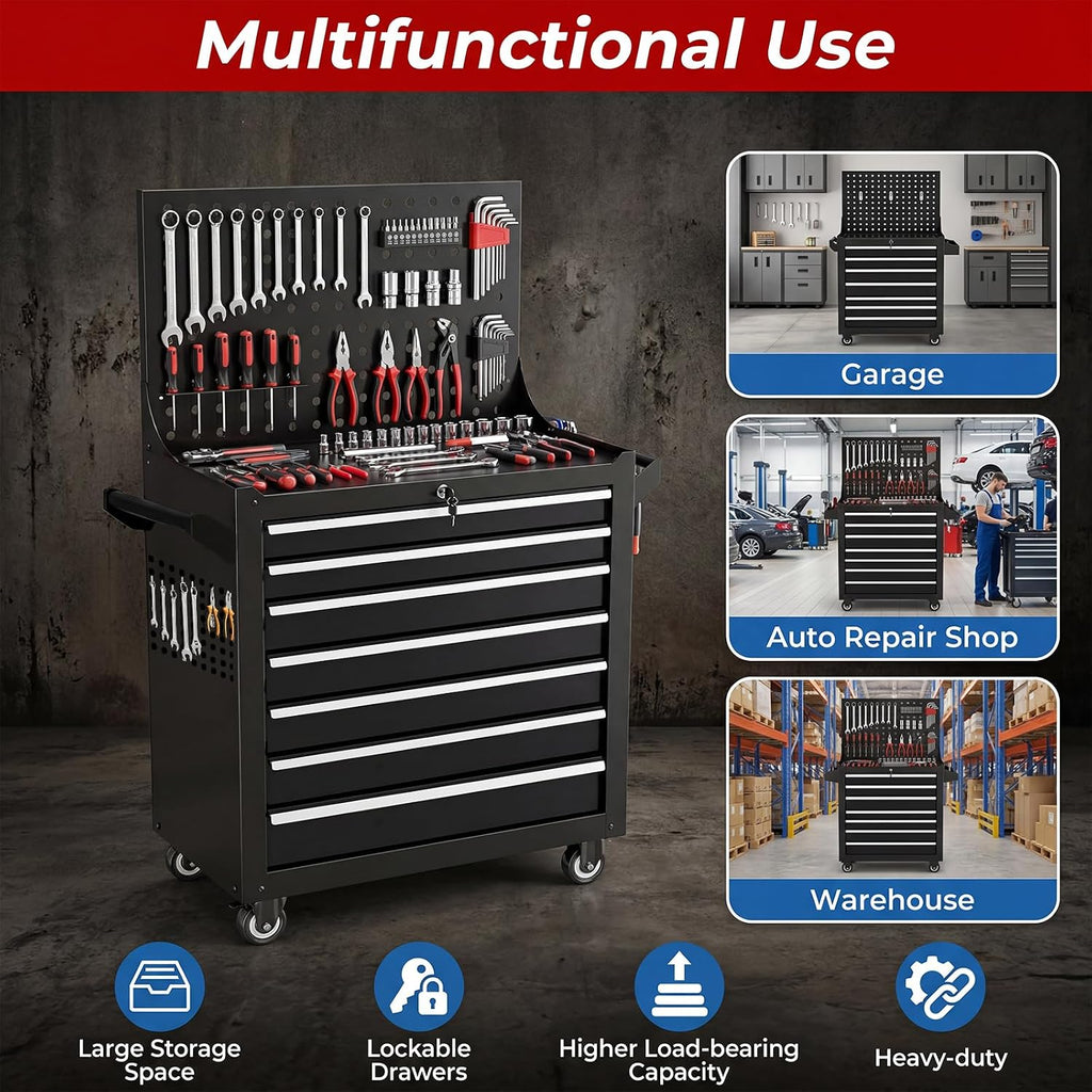 7 Drawers Rolling Tool Chest, Metal Tool Box with Wheels & Lock, Tool Drawers Garage Tool Storage Cabinets Organizer Rolling Cart Toolbox on Wheels for Garage, Workshop, Repair Shop(Assembly Required)