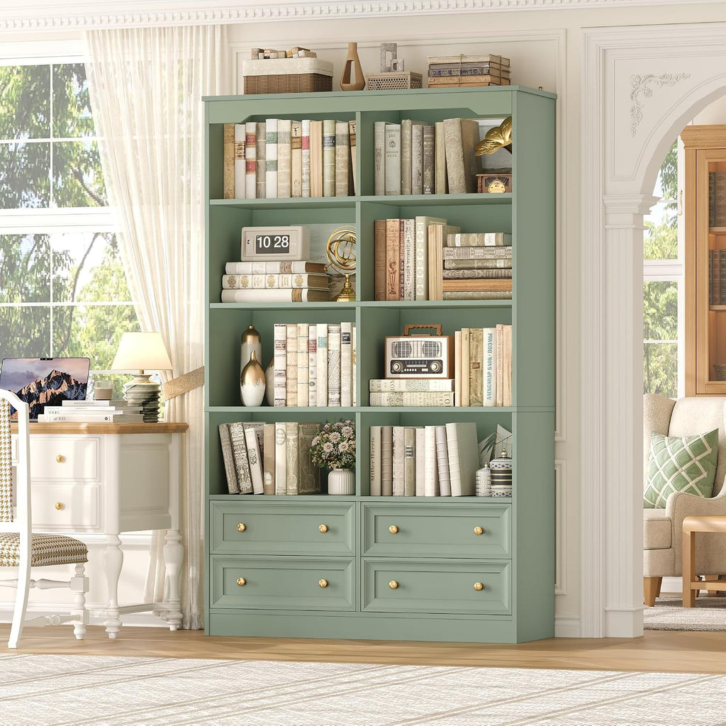 FINETONES 71' Tall Bookshelf with 4 Drawers, 6-Tier Double Wide Bookshelves and Bookcases with Storage, Green Bookshelf Large Open Bookshelves Standing Book Cabinet for Home Office