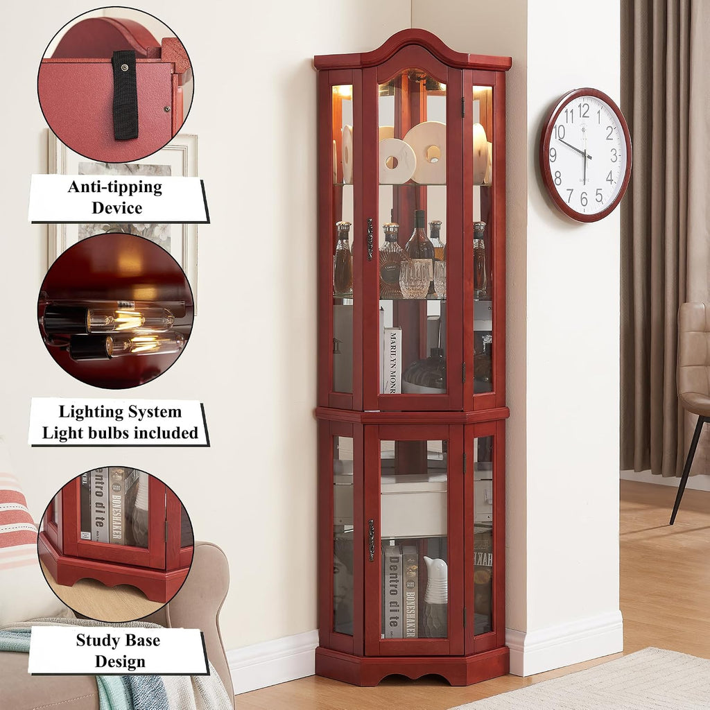 70' H Lighted Curio Cabinet Corner Display Case, Corner Glass Case w/Tempered Glass Door & Adjustable Shelves, Carved Crown Decoration Wooden Cabinet w/Mirrored Back Pane (Cherry)