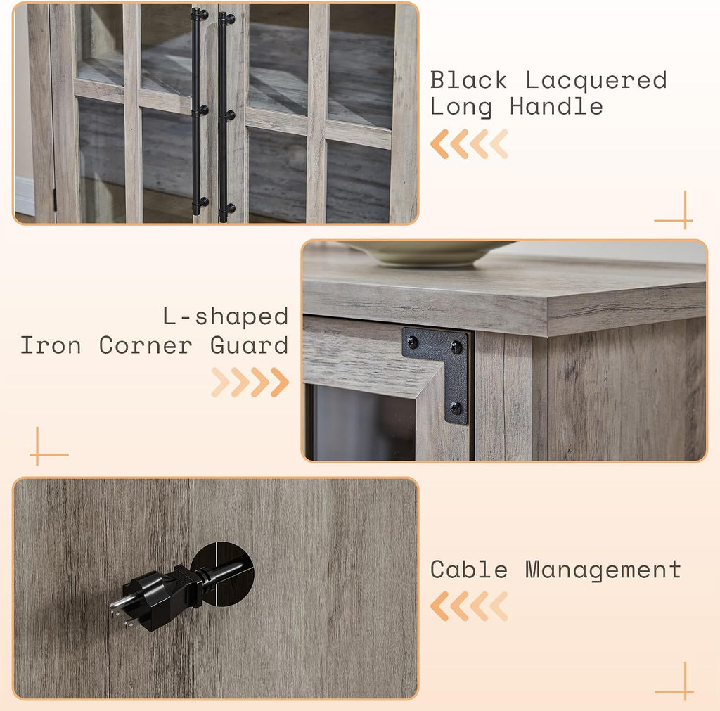 AMERLIFE Farmhouse 63' Buffet Sideboard Cabinet with Glass Door, Large Storage Cabinet with Adjustable Shelf, Wooden Coffee Bar Station for Kitchen, Dinning Room, Rustic Grey