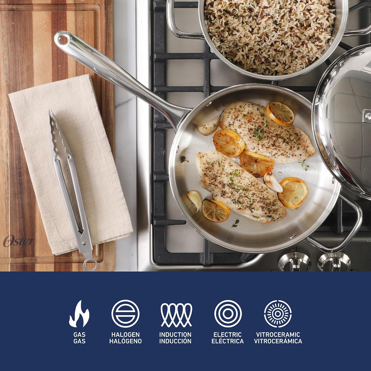 Oster Platinum Sedwick 10-Piece Stackable Stainless Steel Pots and Pans Cookware Set W/Domed Stainless Steel Lids W/TriPly Encapsulated Base - Induction Safe