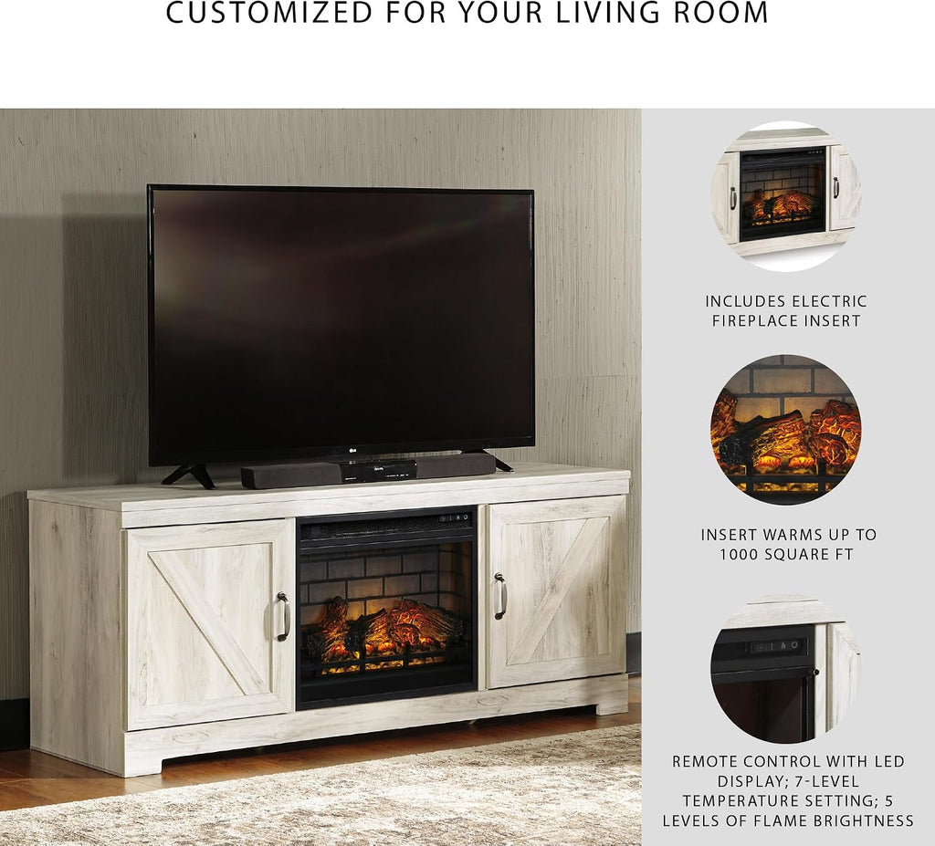 Signature Design by Ashley Bellaby Farmhouse 63' TV Stand with Electric Fireplace for TVs up to 72', Whitewash